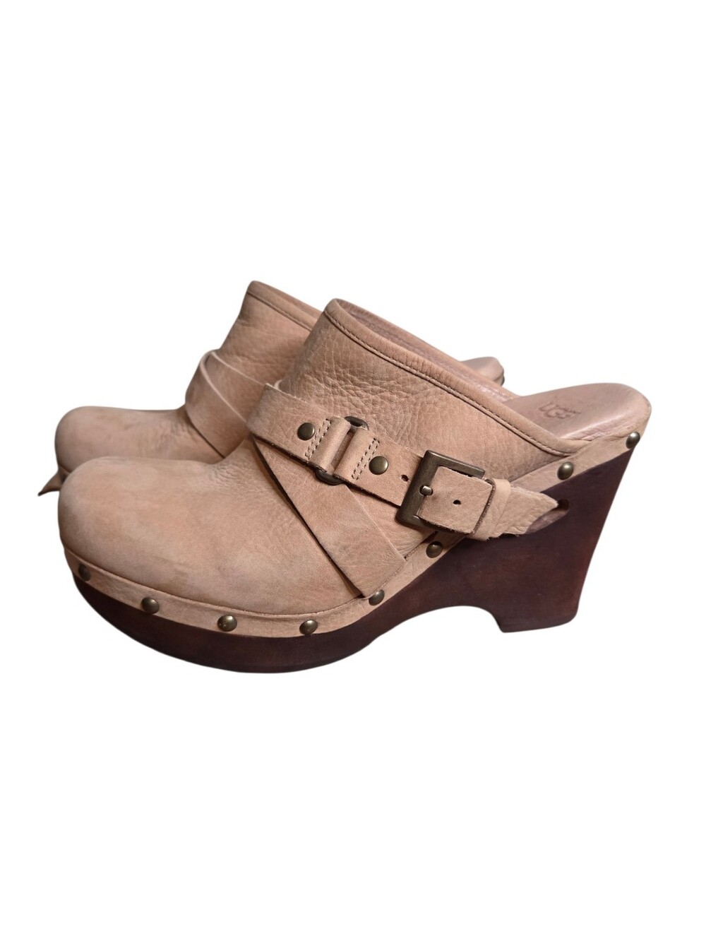 Ugg  Natalie Platform Wedge Tan Studded Clogs Mules Shearling Shoes 8